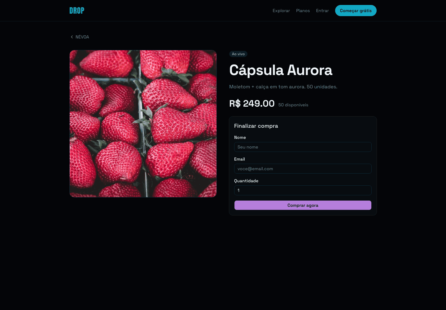 Drop page: gallery, price, stock and in-house checkout