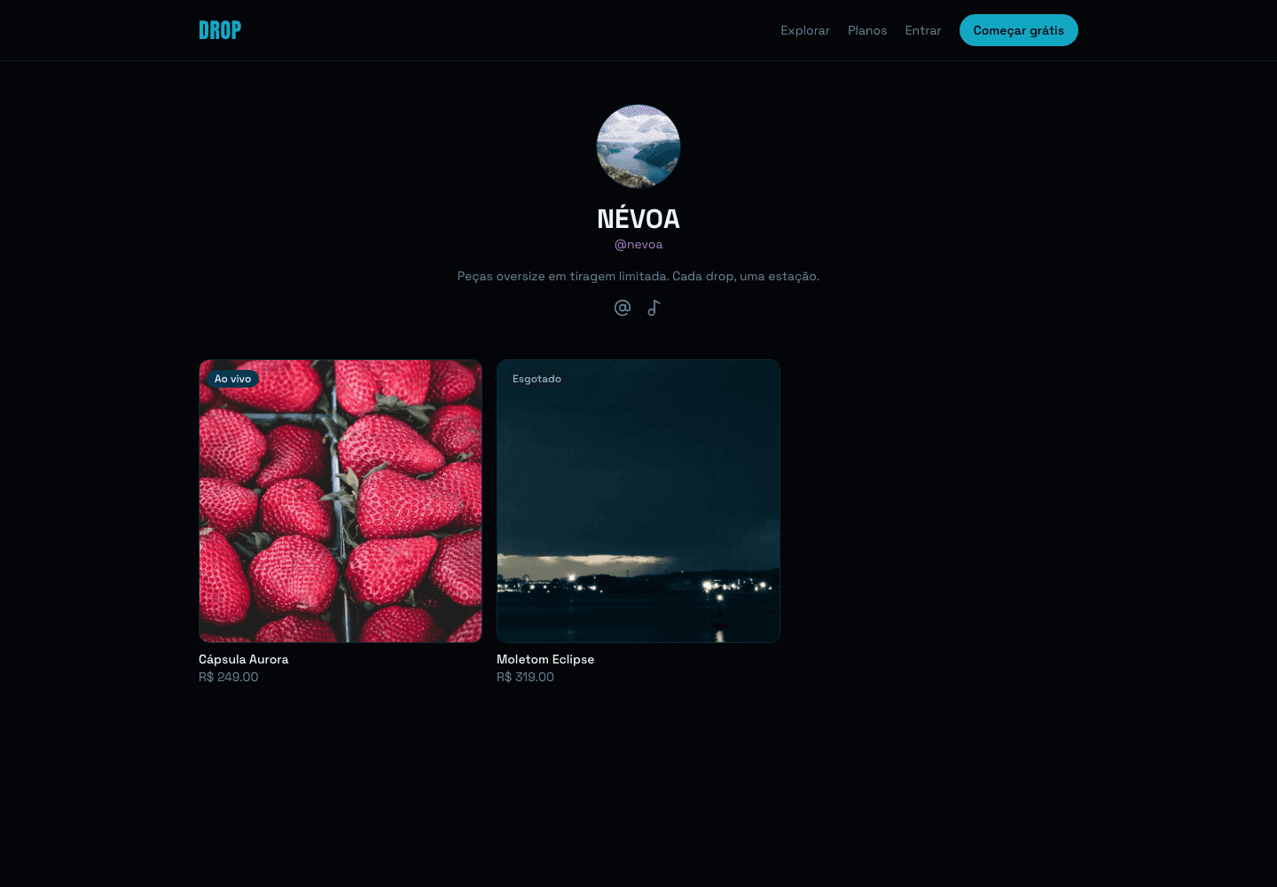 Creator storefront with the brand's accent color and drops by status